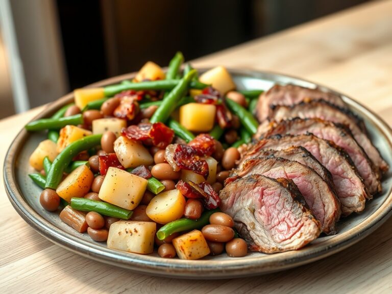 Bonen-aardappelsalade met gegrilde lamsfilet