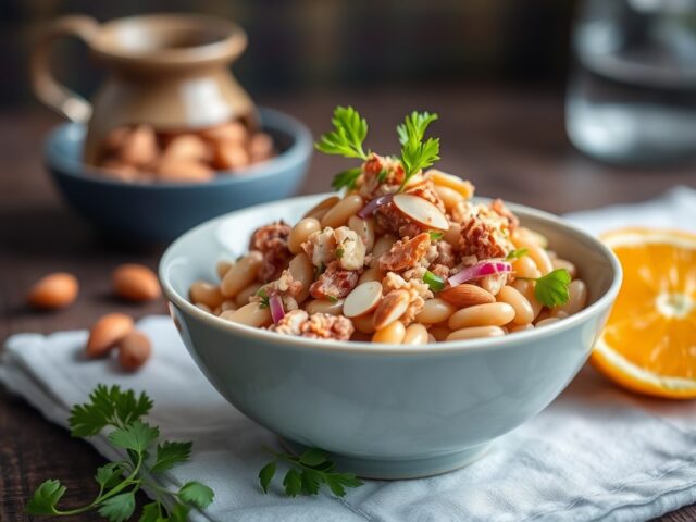 Bonensalade met tonijn en amandelen — AI-gegenereerde illustratie