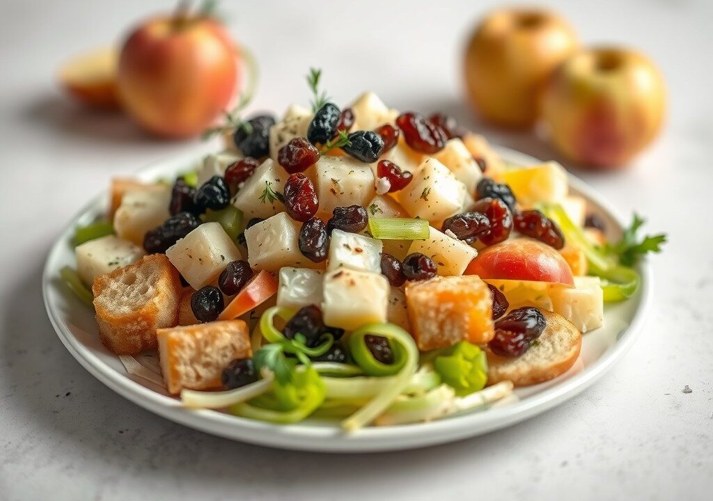 Boomgaardsalade met oude kaas en bleekselderij, AI-gegenereerde illustratie