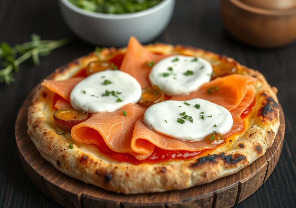 Borrel-Pizza met Geitenkaas en Zalm Duet, AI-gegenereerde illustratie