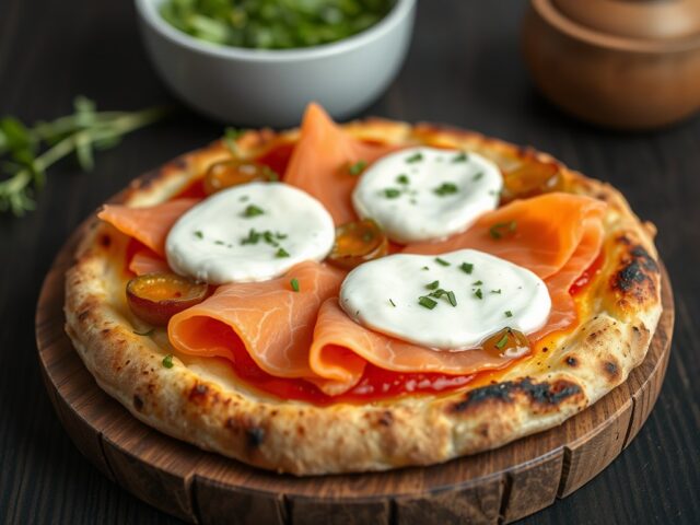 Borrel-Pizza met Geitenkaas en Zalm Duet — AI-gegenereerde illustratie