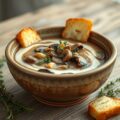 bospaddenstoelensoep met knoflookcroutons