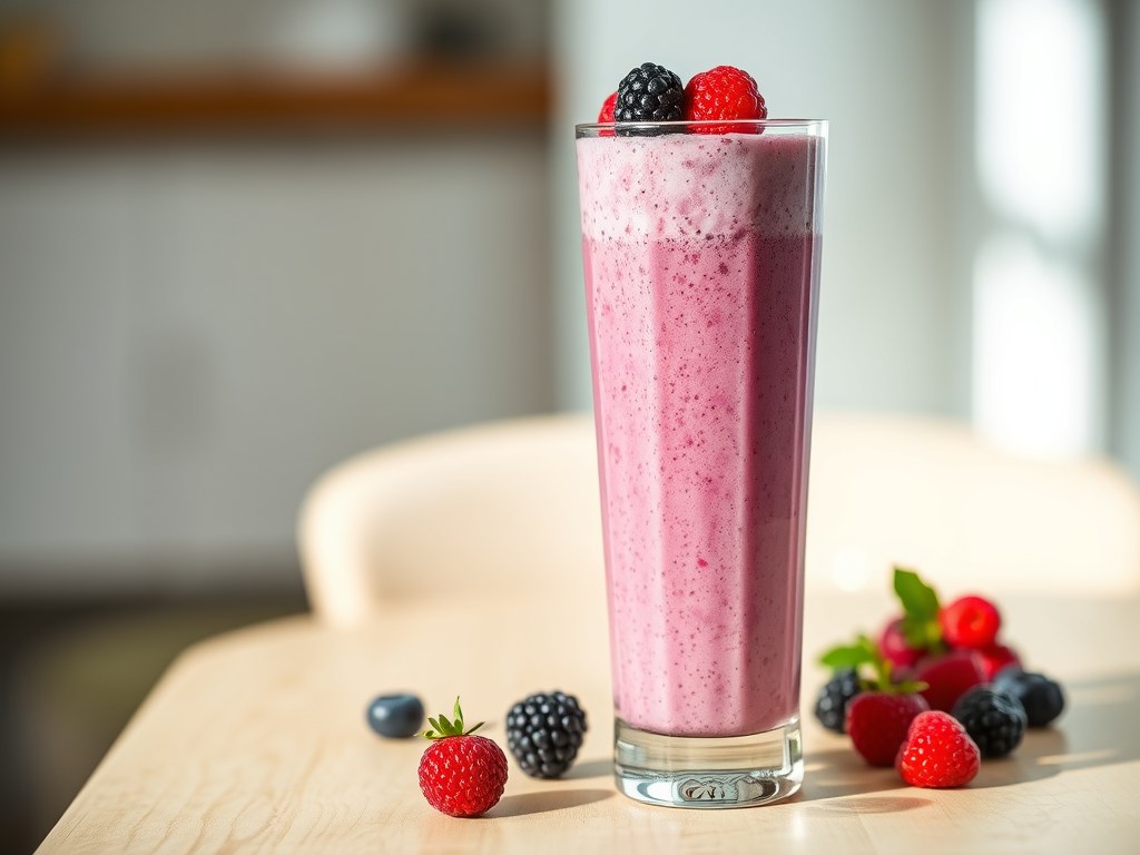 Bosvruchten-yoghurtshake, AI-gegenereerde illustratie