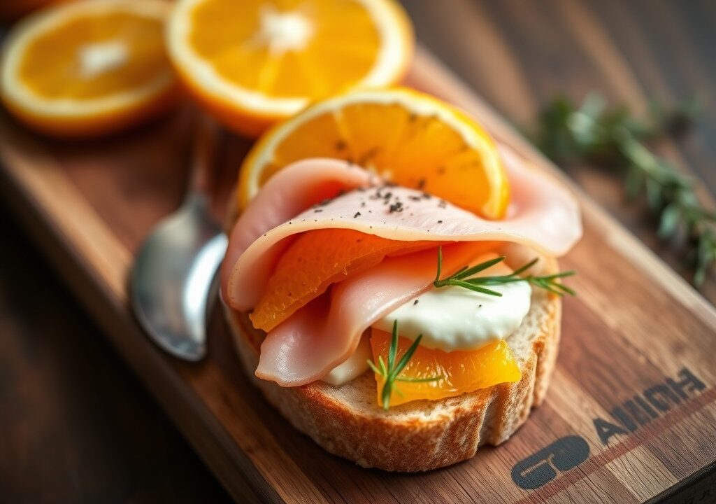 Boterham met mascarpone en sinaasappel, AI-gegenereerde illustratie