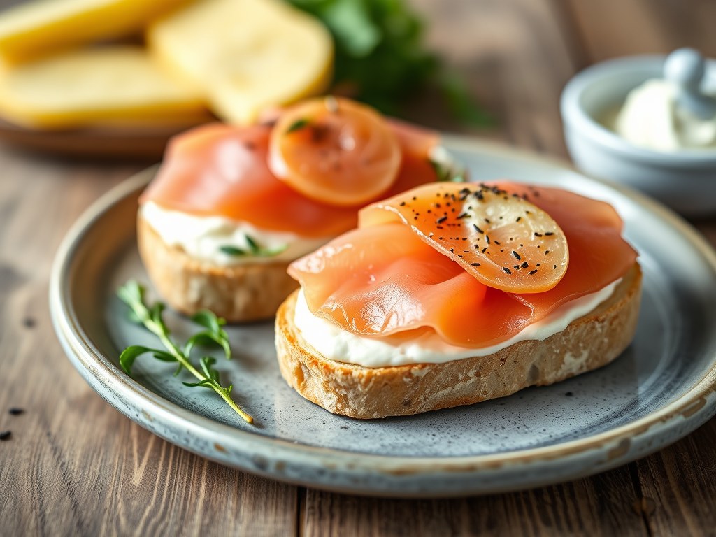 Boterham met roomkaas en zalm, AI-gegenereerde illustratie