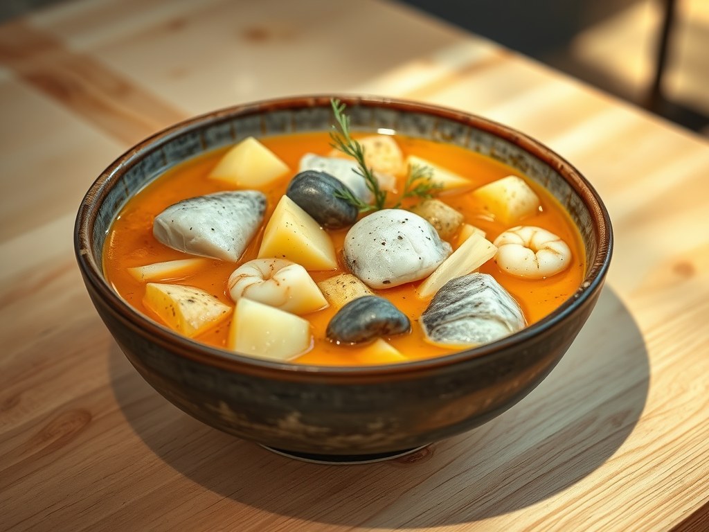 Bouillabaisse van noordzeevis, AI-gegenereerde illustratie