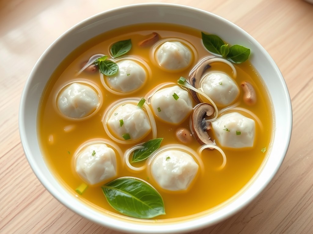 Bouillon met basilicumvisballetjes en champignons, AI-gegenereerde illustratie