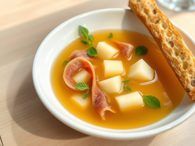 Bouillon met meloen en ham