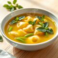 Bouillon met tortellini, tuinbonen en munt