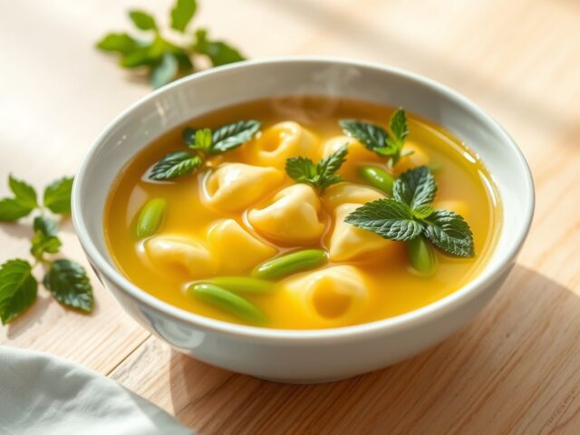 Bouillon met tortellini, tuinbonen en munt