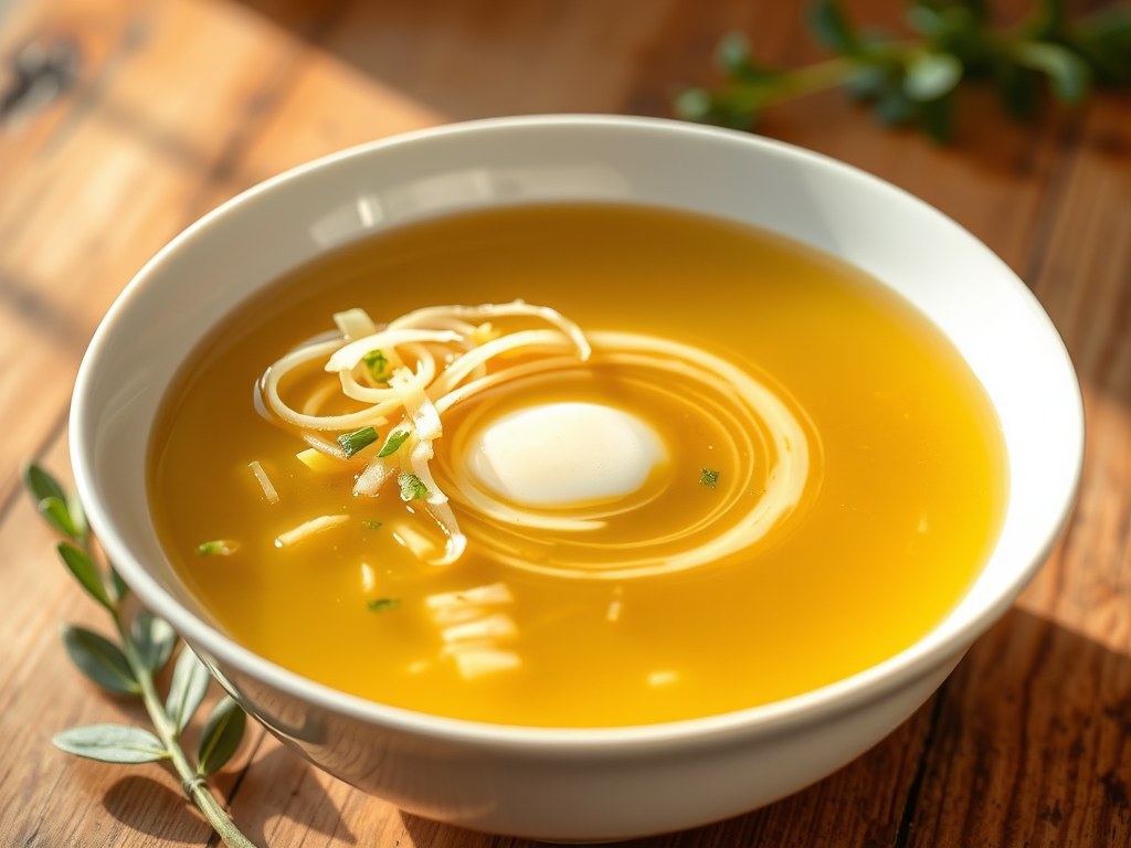 Bouillon met uienreepjes, AI-gegenereerde illustratie