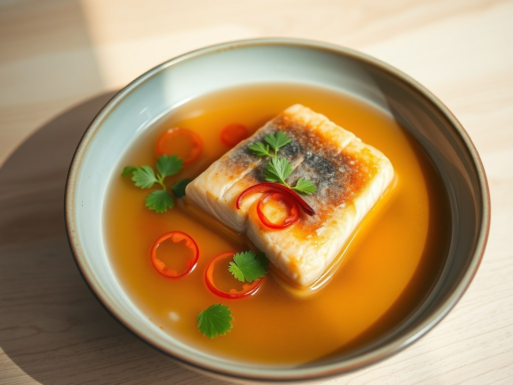 Bouillon met zalm en pepertjes, AI-gegenereerde illustratie