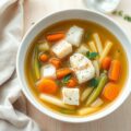 Bouillon van schaaldieren en primeurgroenten