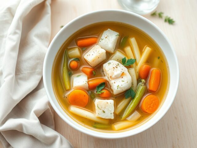Bouillon van schaaldieren en primeurgroenten