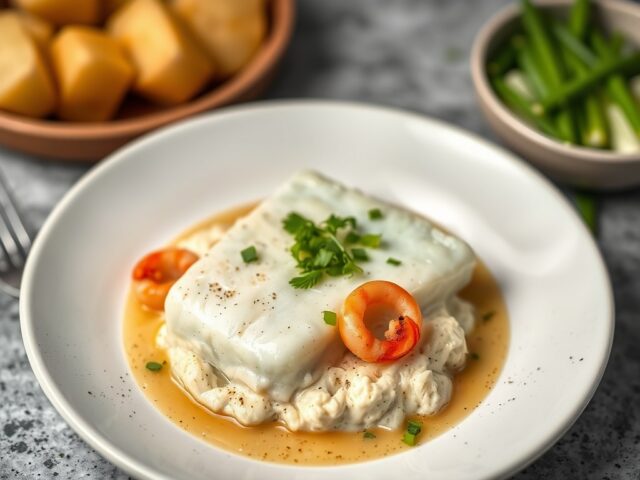 Brandade van kabeljauw met scampi en lente-uitje