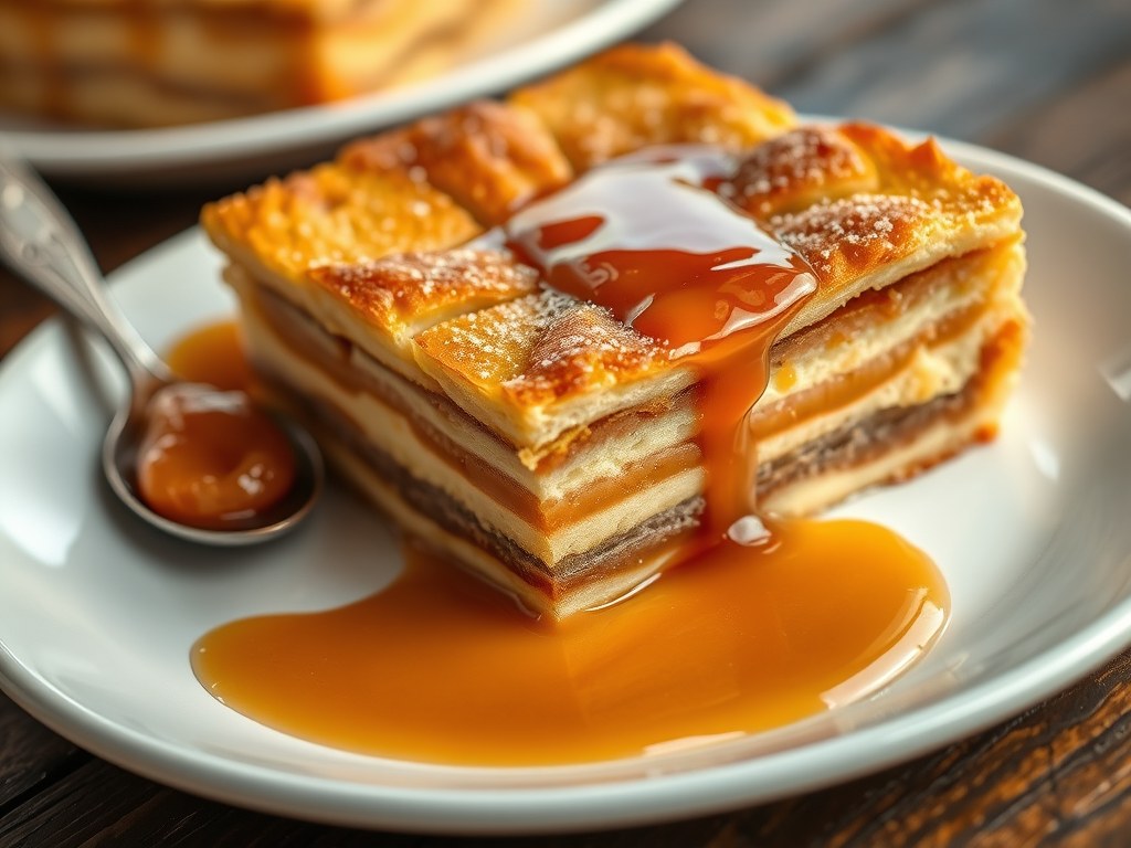Bread en butterpudding met whiskey-marmelade en butterscotch-saus, AI-gegenereerde illustratie