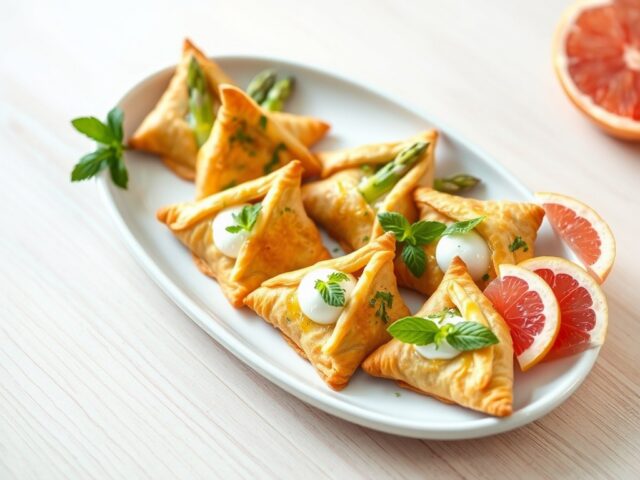Briouats van witte asperge, roze Florida pompelmoes