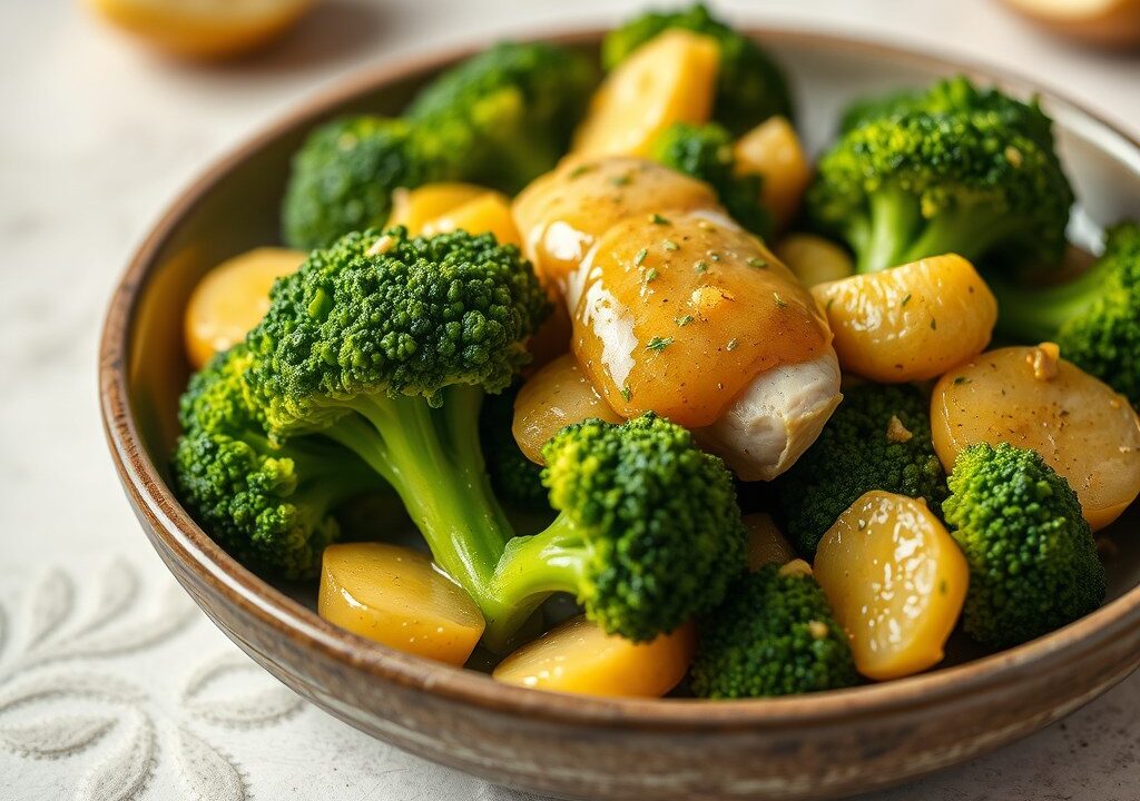 Broccoli met kipkerrieragout, AI-gegenereerde illustratie