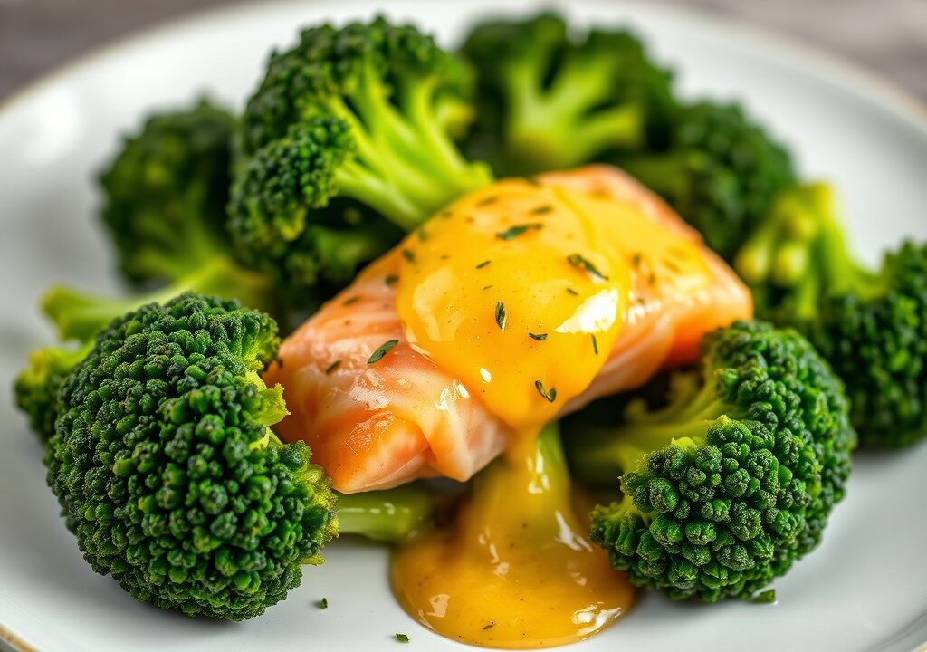 Broccoli met zalm en saffraansaus, AI-gegenereerde illustratie