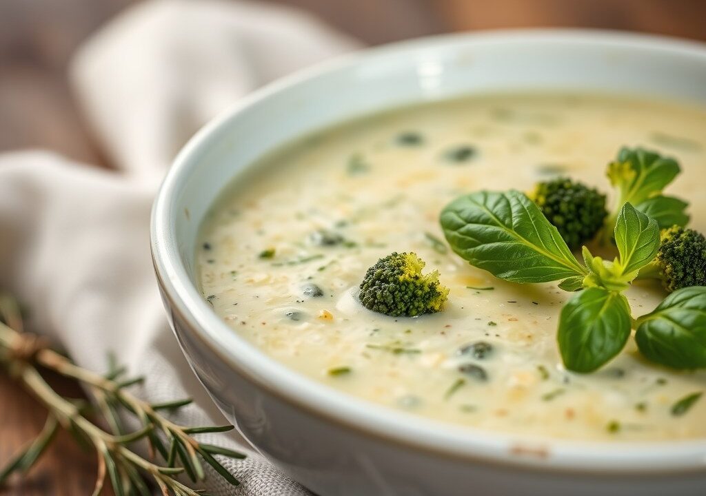 Broccoli-roomsoep met mosterd en basilicum, AI-gegenereerde illustratie