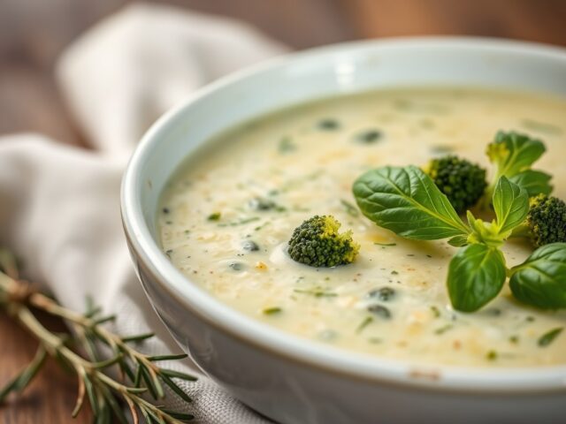 Broccoli-roomsoep met mosterd en basilicum — AI-gegenereerde illustratie