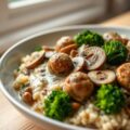 Broccolirijst met gehaktballetjes in champignonsaus