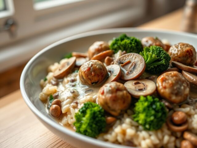 Broccolirijst met gehaktballetjes in champignonsaus