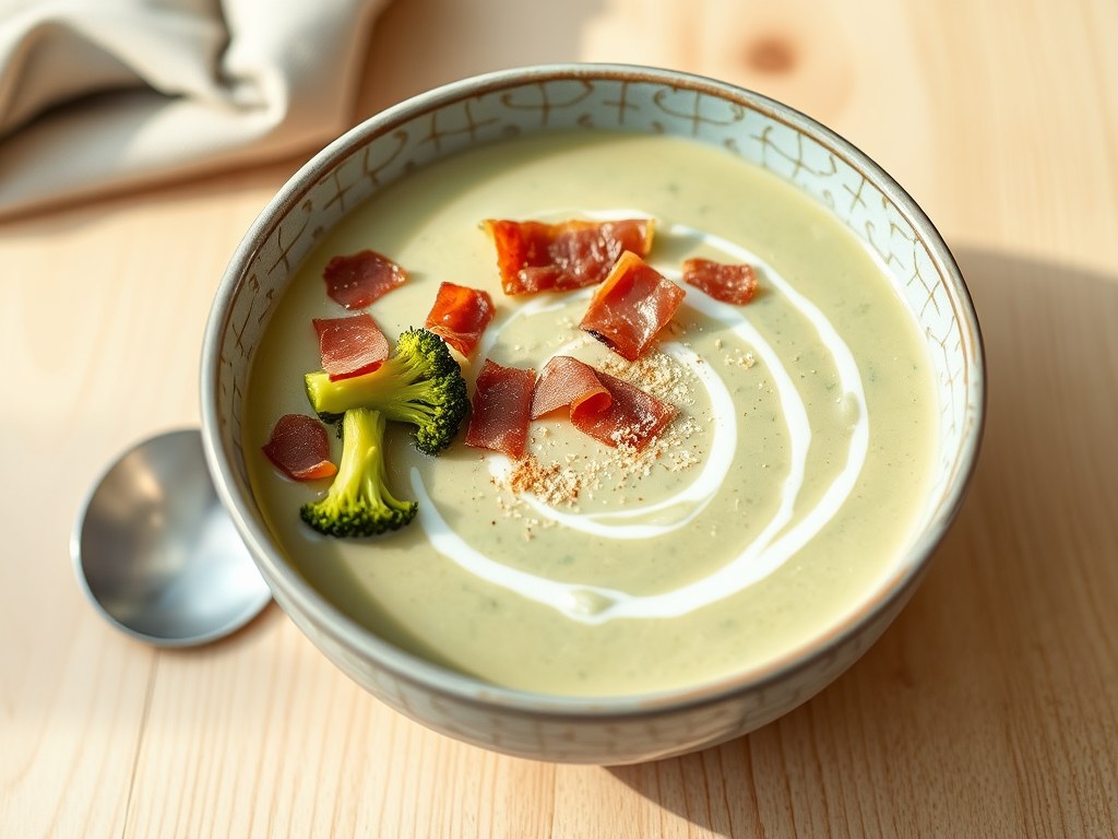 Broccoliroomsoep met pancetta, AI-gegenereerde illustratie