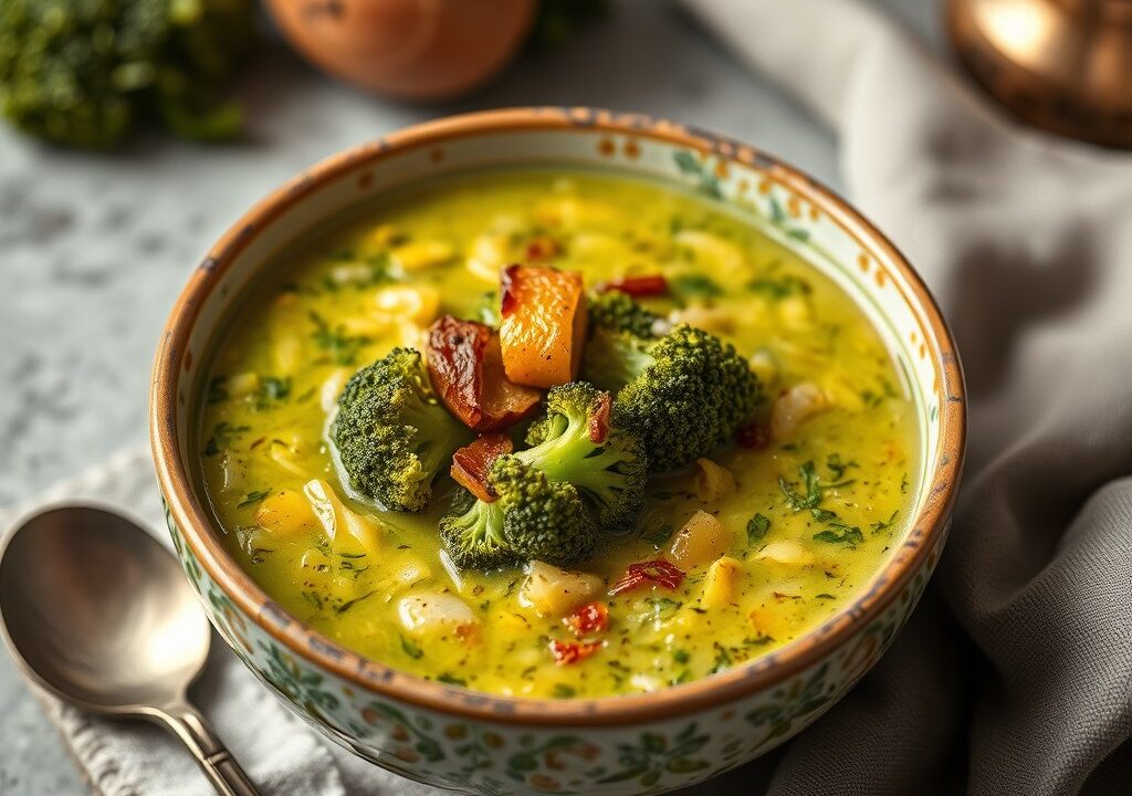 Broccolisoep met geroosterde amandel, AI-gegenereerde illustratie