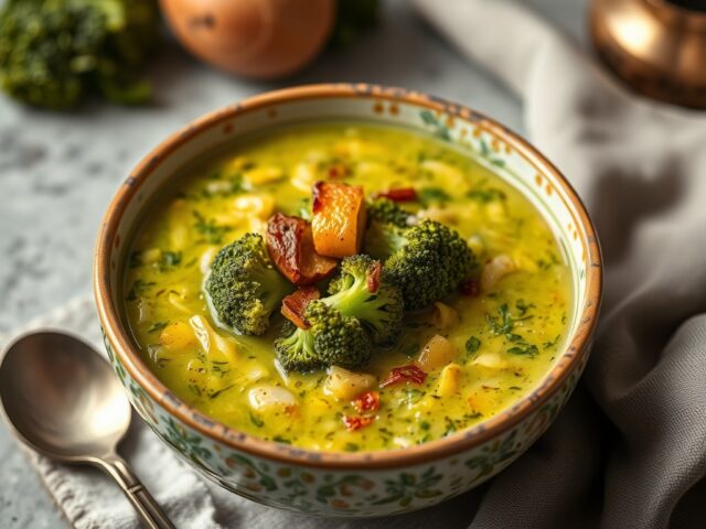 Broccolisoep met geroosterde amandel — AI-gegenereerde illustratie
