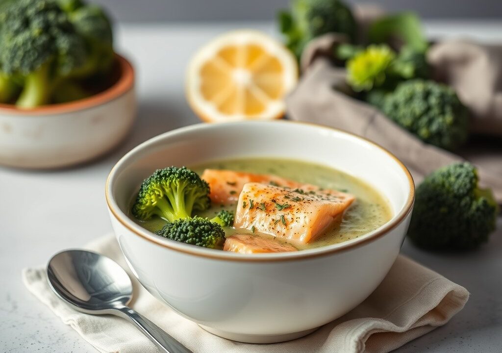 Broccolisoep met zalm, AI-gegenereerde illustratie