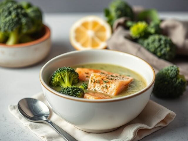 Broccolisoep met zalm — AI-gegenereerde illustratie