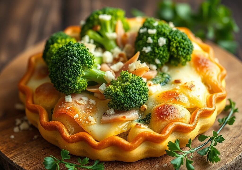 Broccolitaart met ham en gruyére, AI-gegenereerde illustratie