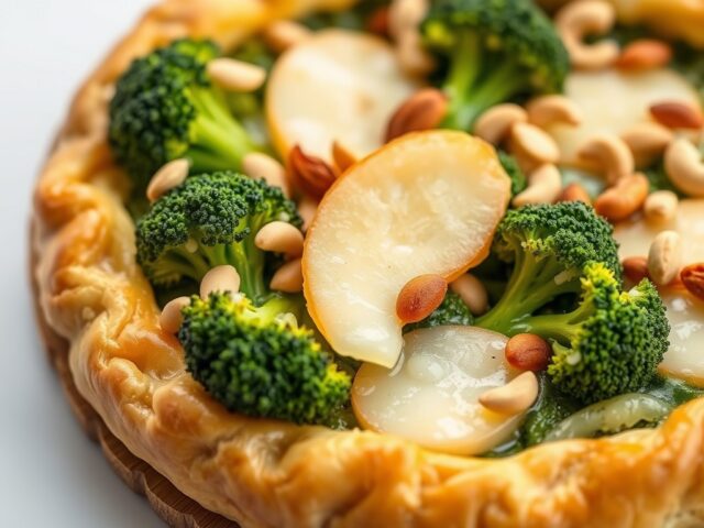 Broccolitaart met peer en cashewnoten.
