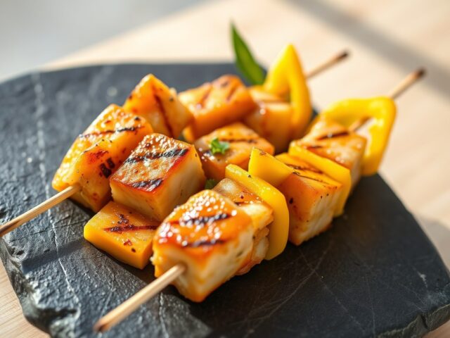 Brochette met scampi en tonijn, gemarineerd in curry