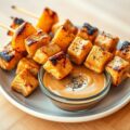Brochettes met kip en sinaasappel, pindasaus