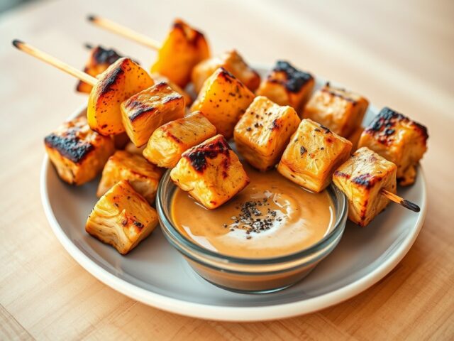 Brochettes met kip en sinaasappel, pindasaus