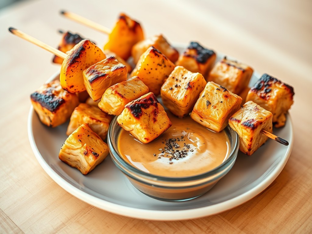 Brochettes met kip en sinaasappel, pindasaus, AI-gegenereerde illustratie