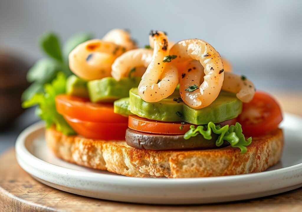 Broodje avocado met surimi en perzik, AI-gegenereerde illustratie