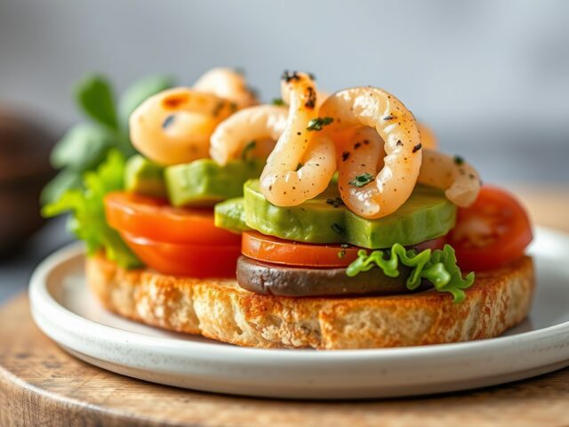 Broodje avocado met surimi en perzik — AI-gegenereerde illustratie