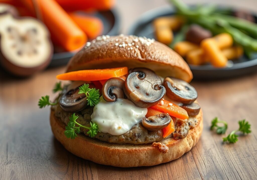 Broodje gezond met wortel en champignon, AI-gegenereerde illustratie