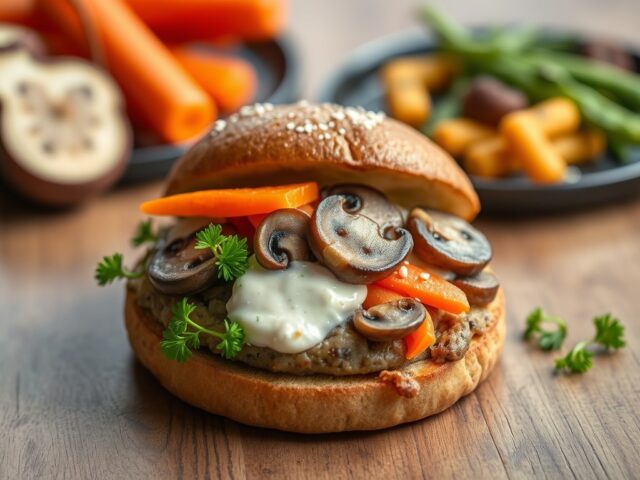 Broodje gezond met wortel en champignon — AI-gegenereerde illustratie