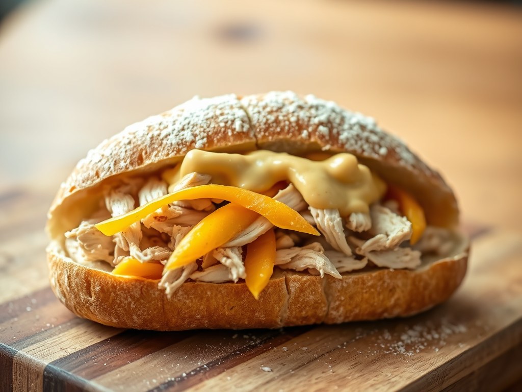 Broodje kip met mango, AI-gegenereerde illustratie