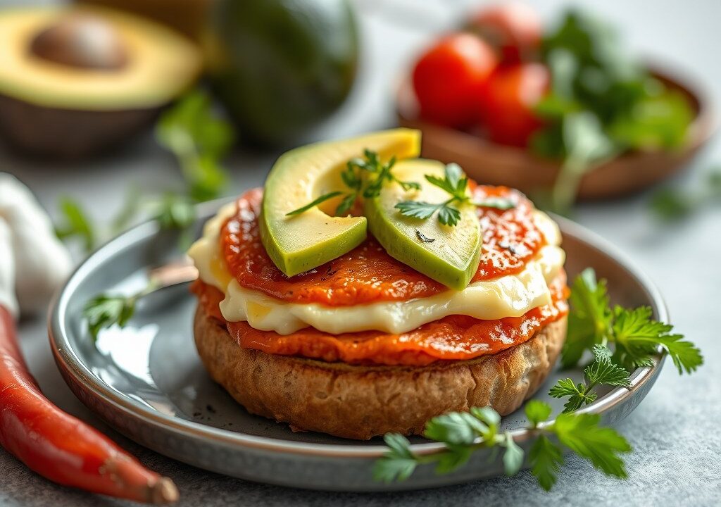 Broodje met paprikaspread en avocado, AI-gegenereerde illustratie