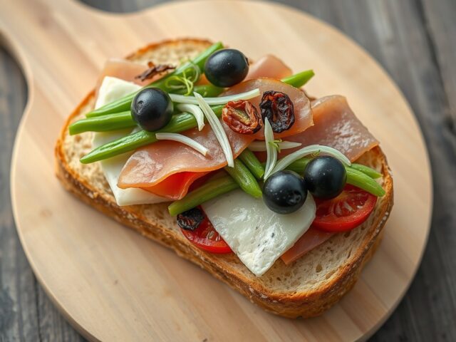 Broodje niçoise met kaas en gedroogde ham