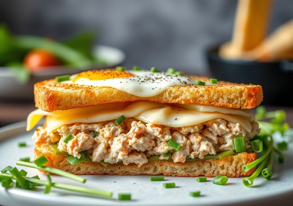 Broodje tonijn met ei en gesmolten kaas (tuna melt), AI-gegenereerde illustratie