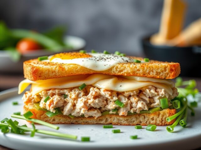 Broodje tonijn met ei en gesmolten kaas (tuna melt) — AI-gegenereerde illustratie