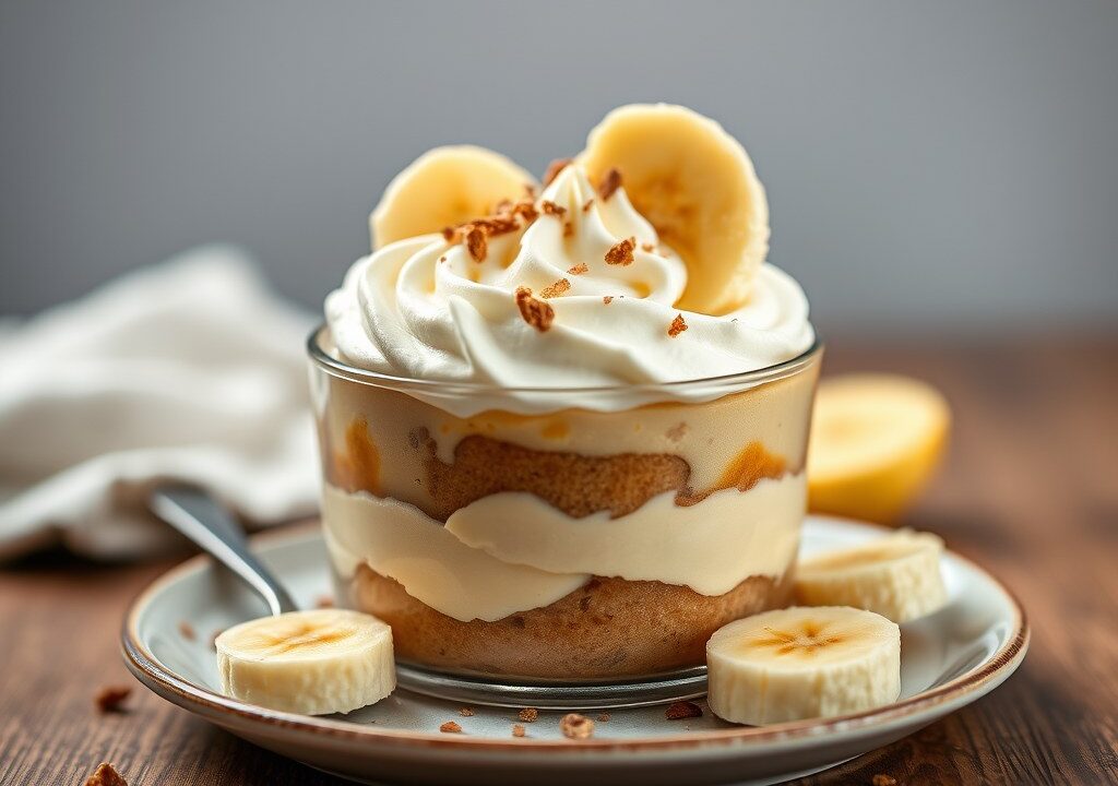 Broodpudding met baileys en banaan, AI-gegenereerde illustratie