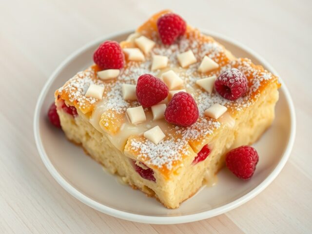 Broodpudding met witte chocolade en frambozen