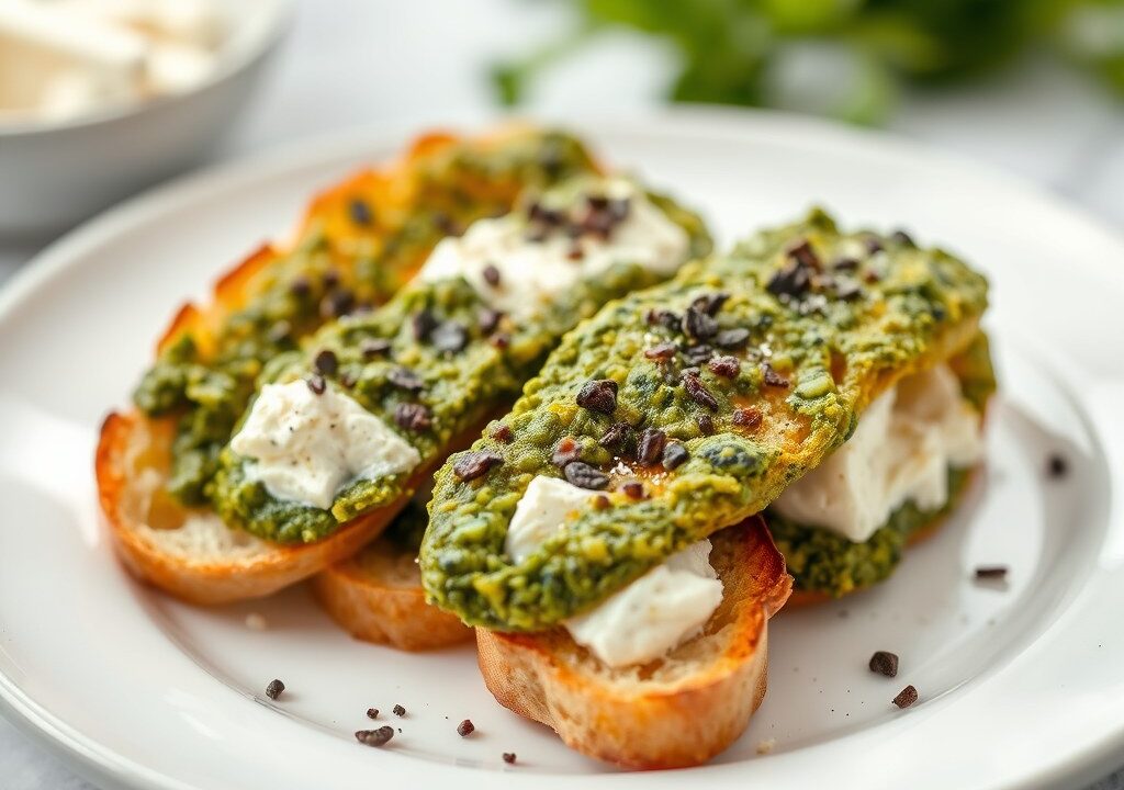 Broodreepjes met pesto en ricotta, AI-gegenereerde illustratie